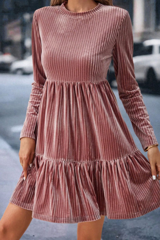 Ruffle Hem Round Neck Long Sleeve Dress