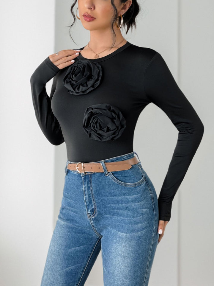 Perfee Flower Round Neck Long Sleeve Bodysuit