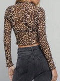 Leopard Mock Neck Long Sleeve Sheer Top