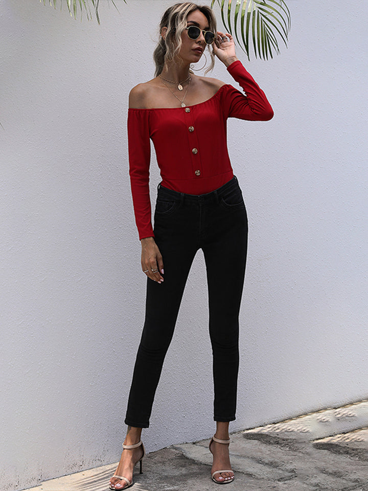 Perfee Decorative Button Off-Shoulder Long Sleeve Bodysuit