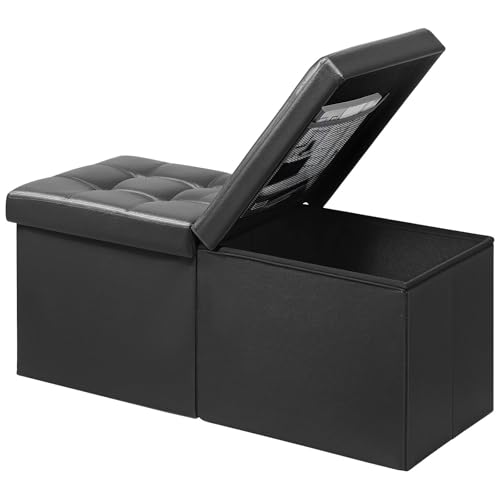 AmasSmile Footrest Ottoman Bench with Storage,34Inch Black Leather Footstool, Coffee Table, Padded Seat, Storage Chest,Blanket Store with Flipping Lid for Livingroom and Bedroom