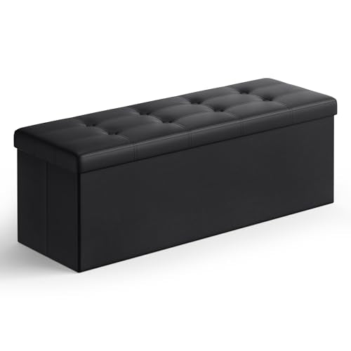 SONGMICS MAZIE Collection - 43 Inches Folding Storage Ottoman Bench, Ottoman with Storage, Foot Rest Stool, Load 660 lb, for Living Room, Synthetic Leather, Black ULSF701
