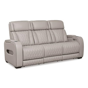 Signature Design by Ashley Boyington Contemporary Leather Match Power Reclining Sofa with USB Charging Ports, LED Lights and Adjustable Headrest, Light Gray