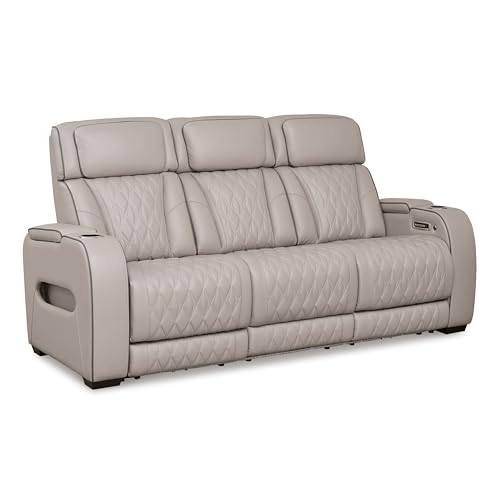 Signature Design by Ashley Boyington Contemporary Leather Match Power Reclining Sofa with USB Charging Ports, LED Lights and Adjustable Headrest, Light Gray
