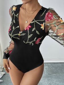 Perfee Embroidered V-Neck Long Sleeve Bodysuit