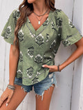 Perfee Printed V-Neck Short Sleeve Blouse