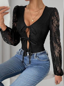 Perfee Tied Lace Long Sleeve Bodysuit