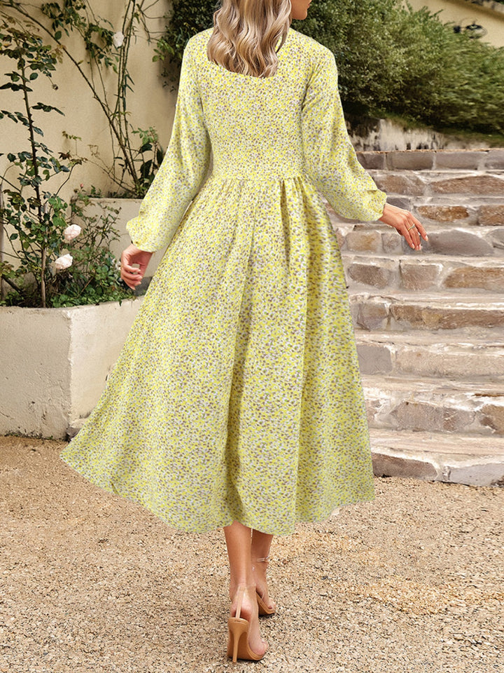 Floral V-Neck Long Sleeve Midi Dress