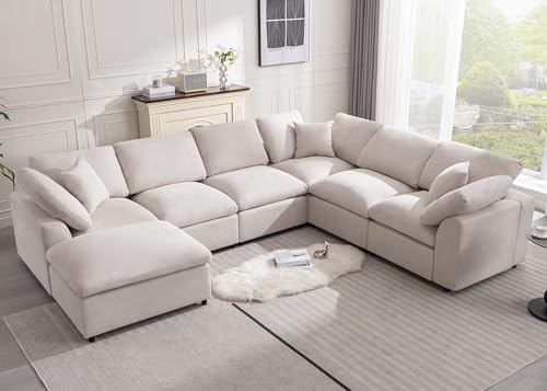 Siiejia Modular Sectional Sofa Modern Oversized Cloud Couch with Movable Ottoman 7 Seater L-Shaped Sofas Comfy Couches for Living Room Spacious Space Office Lounge, Beige