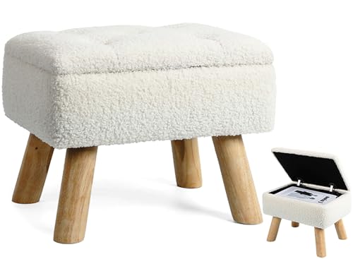 OGEMXU Storage Ottoman, Small Foot Stool Ottoman with Storage, Boucle Teddy Velvet Foot Rest with Padded Seat, Sturdy Wood Legs Stool for Living Room, Bedroom, Couch, Enterway (Cream)