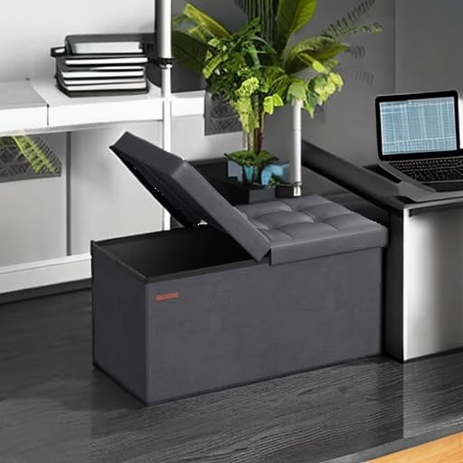 SONGMICS MAZIE Collection - 30 Inches Storage Ottoman Bench with Flipping Lid, Storage Chest Footstool, Load 660 lb, for Entryway, Living Room, Bedroom, Synthetic Leather, Black ULSF45BK