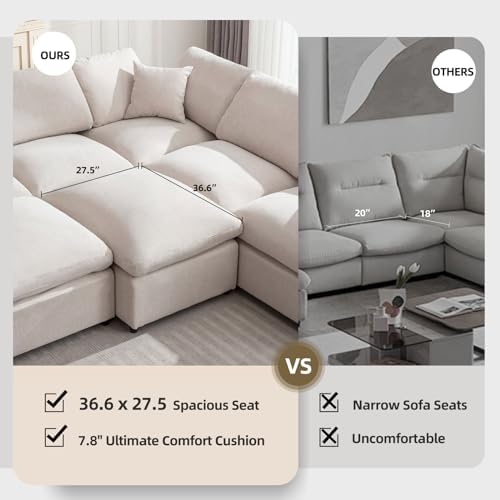 Siiejia Modular Sectional Sofa Modern Oversized Cloud Couch with Movable Ottoman 7 Seater L-Shaped Sofas Comfy Couches for Living Room Spacious Space Office Lounge, Beige