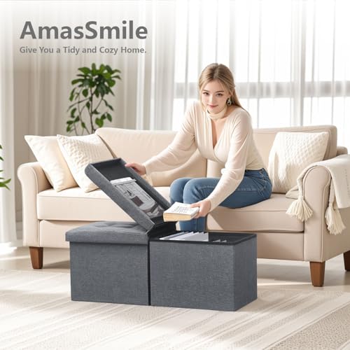 AmasSmile Footrest Ottoman Bench with Storage,34Inch Black Leather Footstool, Coffee Table, Padded Seat, Storage Chest,Blanket Store with Flipping Lid for Livingroom and Bedroom