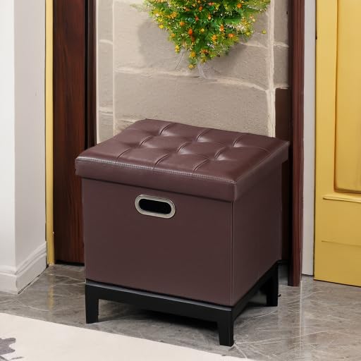 Bsketa Storage Ottoman, Folding Foot Stool with Thicker Foam Padded Seat Small Leather Storage Ottoman Bench Foot Rest for Living Room Foldable Coffee Table 17x13x13in,Black