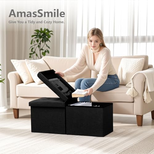 AmasSmile Footrest Ottoman Bench with Storage,34Inch Black Leather Footstool, Coffee Table, Padded Seat, Storage Chest,Blanket Store with Flipping Lid for Livingroom and Bedroom