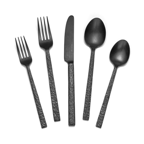 KINGSTONE 60 Pcs Black Hammered Silverware Set for 12, 18/10 Stainless Steel Heavy Duty Flatware Set, Tableware Cutlery Utensil Sets for Home Restaurant Dishwasher Safe