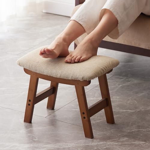 Foot Stool,Ottoman,Bamboo Small Sofa Foot Rest Under Desk,Extra Seating for Living Room, Bedroom and Kitchen(Brown Stool Legs - Beige Surface)