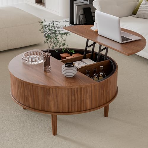 Round Fluted Lift Top Coffee Table with Storage, Mid Century Modern Coffee Table for Living Room, Home Small Space,31.5" Fluted Center Table (Walnut, 31.5inch)