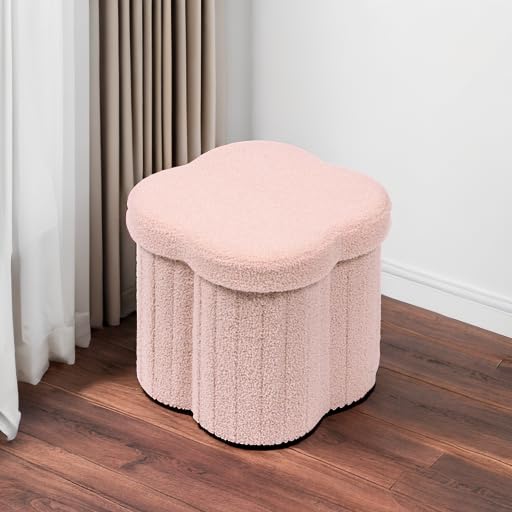 B FSOBEIIALEO Storage Ottoman Cube, Flowers Shaped Ottomans with Storage Foot Stool Footrest for Lving Room, Boucle Ottoman Seat for Dorm Room,Faux Teddy Fur, Cream White 12.6"x12.6"x12.6"