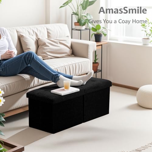 AmasSmile Footrest Ottoman Bench with Storage,34Inch Black Leather Footstool, Coffee Table, Padded Seat, Storage Chest,Blanket Store with Flipping Lid for Livingroom and Bedroom