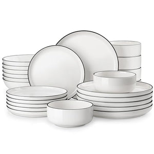 MALACASA Plates and Bowls Sets, 24 Pieces Modern Porcelain Dinnerware Set for 6 Ceramic Dishware Dishes White Kitchen Dinner Dining Ware Set wtih Black Rim Microwave and Dishwasher Safe, Series LUNA
