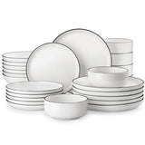 MALACASA Plates and Bowls Sets, 24 Pieces Modern Porcelain Dinnerware Set for 6 Ceramic Dishware Dishes White Kitchen Dinner Dining Ware Set wtih Black Rim Microwave and Dishwasher Safe, Series LUNA