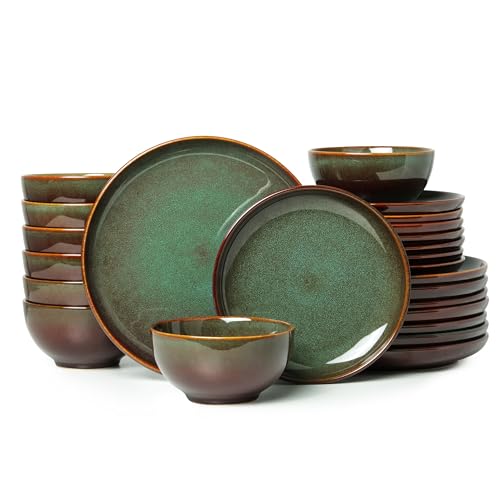 Pokini 24 Piece Dinnerware Sets for 8, Modern Stoneware Plates and Bowls Setst, Perfect for Family Gatherings & Holiday Celebrations, Easy Cleaning Dishes Set, Stack Compactly Dishware, Brown Green