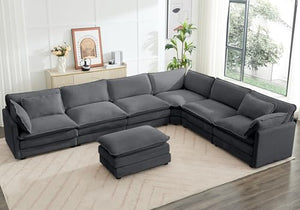 ROWHY 150'' Modular Sectional Sofa Cloud Couch, Corner Sofa Big Comfy Corduroy Oversized L Shaped Couch with 4 Pillows, Chaise, Ottoman, Deep Seat Couches for Living Room Office, Dark Grey