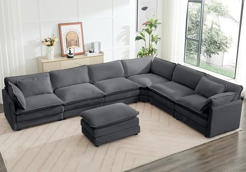 ROWHY 150'' Modular Sectional Sofa Cloud Couch, Corner Sofa Big Comfy Corduroy Oversized L Shaped Couch with 4 Pillows, Chaise, Ottoman, Deep Seat Couches for Living Room Office, Dark Grey