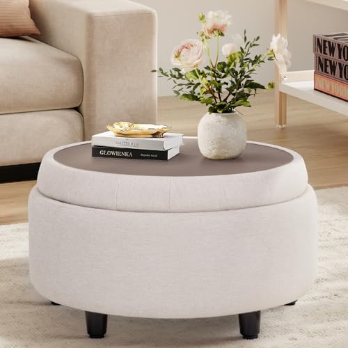 COLAMY Fabric Round Storage Ottoman with Reversible Tray Lid – Multi-Functional Footrest, Hidden Storage, Sturdy & Stylish Small Coffee Table for Living Room, Bedroom, or Entryway(Beige)
