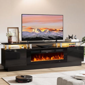 OneBlis 70" TV Stand for Living Room, Modern Entertainment Center & Media Console, Fits TVs up to 80", Storage Cabinet with Shelves, 36" Electric Fireplace with LED Flame (All Black)