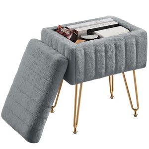 DUMOS Vanity Stool Chair, Ottoman with Storage, Makeup Cute Soft Small Footstool, Modern Style Faux Fur Seat with 4 Metal Legs & Adjustable Feet for Dressing, Living Room, Bedroom, Dorm, Grey