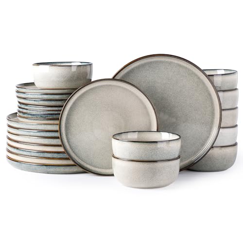 GBHOME Ceramic Dinnerware Sets for 8, 24 Pieces Stoneware Plates and Bowls Sets, Scratch Resistant Dishes, Dishwasher & Microwave Safe, Reactive Glaze-Green Wheat