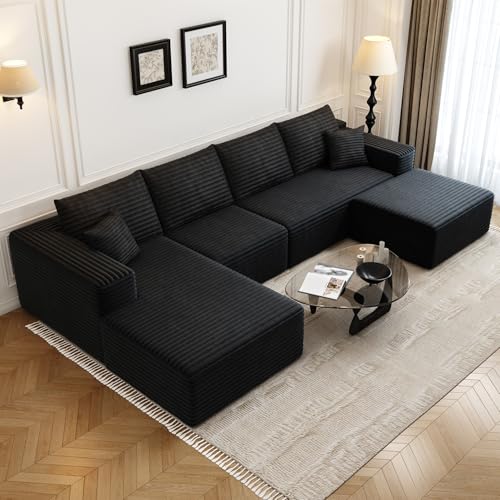 135.4" Cloud Modular Sectional Couch with 1 Ottoman,Modern Minimalist Upholstered Couches, Comfort U Shaped Sofa for Living Room,Deep Seat Corner Couch，No Assembly Required (Black,Left Facing Chaise)