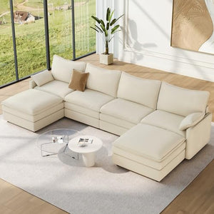 Vesgantti 142" U Shaped Sectional Couch, Comfy Cloud Modular Sectional Sofa with 2 Ottoman Deep Seat Chenille Modern Cloud Sofa, Modular Sofas for Living Room, Bedroom and Apartment, Beige