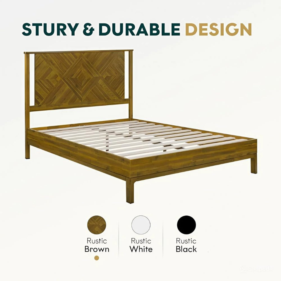 Bme Vivian 14 Inch Deluxe Bed Frame with Headboard, Rustic & Scandinavian Style with Solid Acacia Wood, No Box Spring Needed, 12 Strong Wood Slat Support, Easy Assembly, King, Rustic Golden Brown