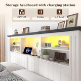 EnHomee King Size Bed Frame and Headboard & Storage, 4 Drawers and LED Built in Charging Station King Bed Frame with Storage Farmhouse,NO Noise,No Box Spring Needed,White