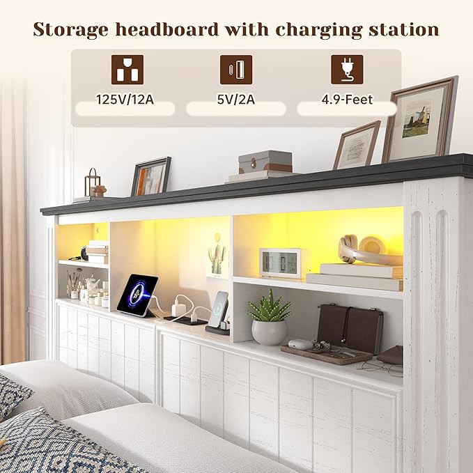 EnHomee King Size Bed Frame and Headboard & Storage, 4 Drawers and LED Built in Charging Station King Bed Frame with Storage Farmhouse,NO Noise,No Box Spring Needed,White