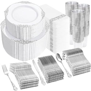 YOUBET 700PCS Silver Plastic Plates - White and Silver Disposable Plates - Silvery Plastic Dinnerware Set - Include 200 Plates, 300 Heavy Duty Silverware, 100 Cups and 100 Napkins for Wedding & Party