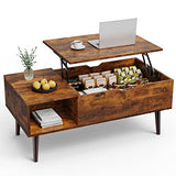 Sweetcrispy Coffee Table, Lift Top Coffee Tables for Living Room, Small Rising Wooden Dining Center Tables with Storage Shelf and Hidden Compartment, Brown