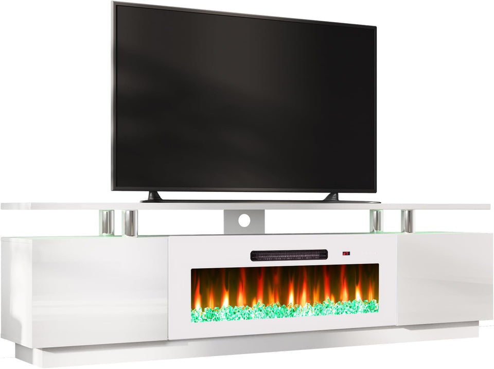 AMERLIFE Fireplace TV Stand with 36" Fireplace, 70" Modern High Gloss Fireplace Entertainment Center LED Lights, 2 Tier TV Console Cabinet for TVs Up to 80", Obsidian Black