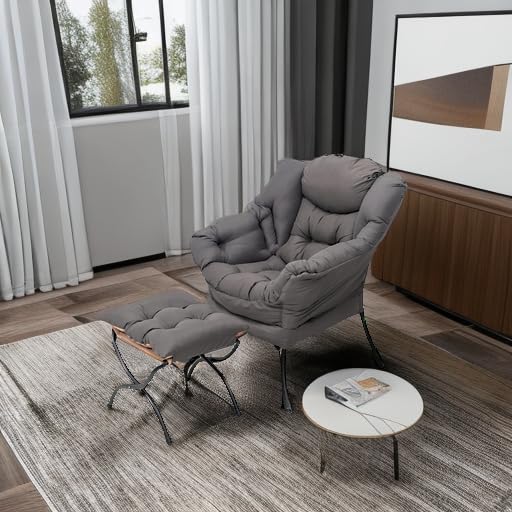 Welnow Lazy Chair with Ottoman, Modern Lounge Accent Chair with Armrests and a Side Pocket, Leisure Sofa Armchair, Reading Armchair with Footrest for Small Space, Dark Grey
