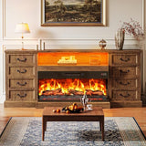 Huuger Fireplace TV Stand with LED Lights for 75 Inch TV, 3-Side Glass Fireplace Entertainment Center, 70 Inch Farmhouse Television Stands Stand with 4 Deep Drawers for Living Room, Brown