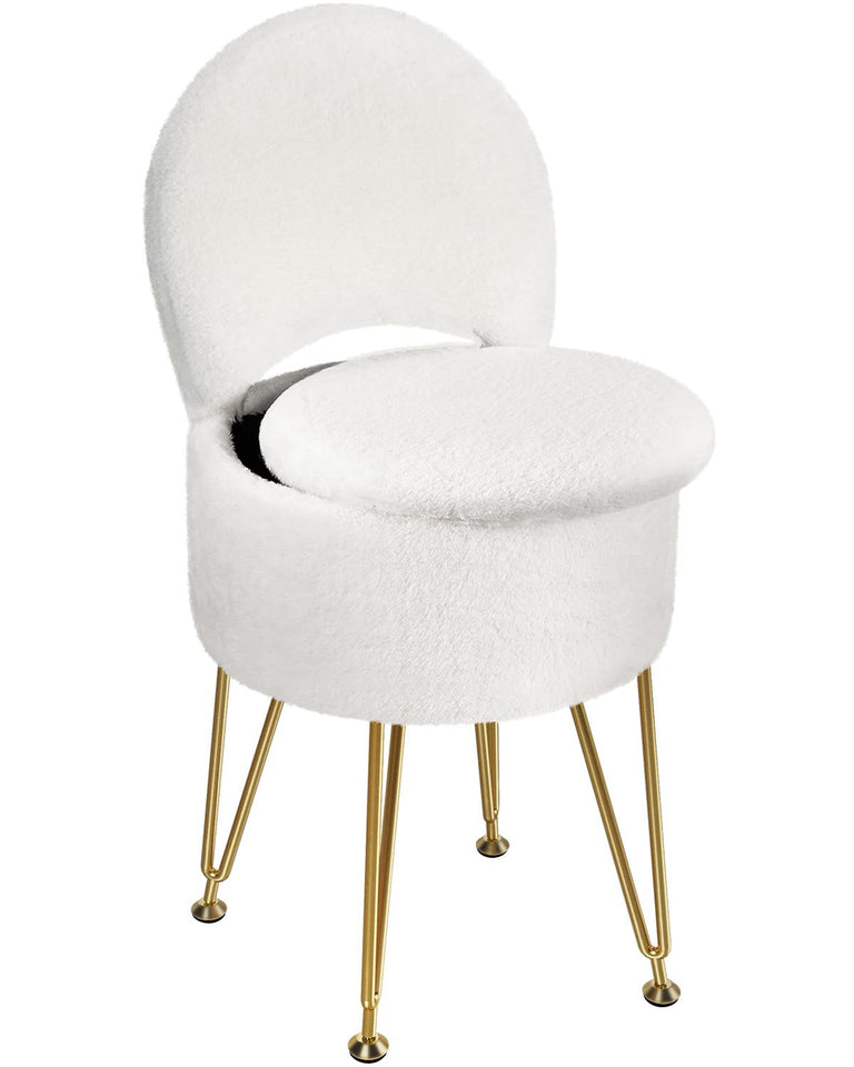GREENSTELL Small Vanity Stool Chair with Storage and Folding Back, 13" x 13" x 17.7" Faux Fur Soft Ottoman for Teenager, 4 Metal Legs with Anti-Slip Feet, Furry Padded Seat for Makeup, Bedroom, White
