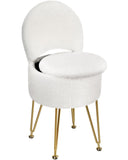 GREENSTELL Small Vanity Stool Chair with Storage and Folding Back, 13" x 13" x 17.7" Faux Fur Soft Ottoman for Teenager, 4 Metal Legs with Anti-Slip Feet, Furry Padded Seat for Makeup, Bedroom, White