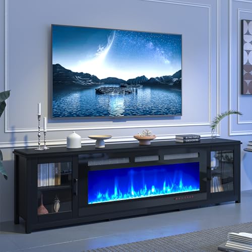 oneinmil 80" Fireplace TV Stand, 50 Inch Electric Fireplace & Modern Entertainment Center, TV Console with Adjustable Shelf & Glass Door for TVs Up to 90", Fire Place TV Stands for Living Room, Black