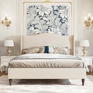 koorlian King Size Bed Frame Upholstered Platform Bed with 51" Tall Headboard Wingback, Soft Fabric, Retro Simple Style Platform Bed No Box Spring Needed, Easy Assembly, Beige