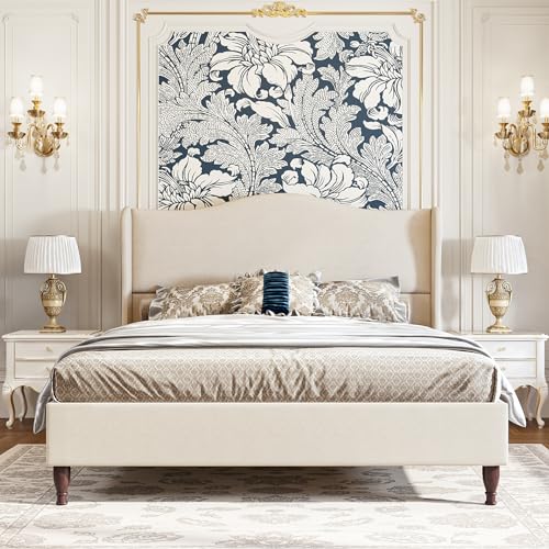 koorlian King Size Bed Frame Upholstered Platform Bed with 51" Tall Headboard Wingback, Soft Fabric, Retro Simple Style Platform Bed No Box Spring Needed, Easy Assembly, Beige