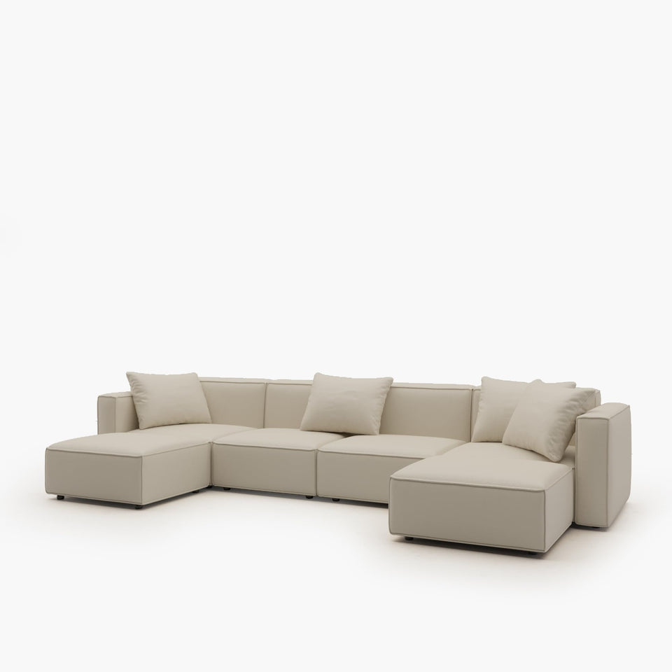Acanva Luxury Modular Sectional Living Room Sofa Set, Modern Minimalist Style Couch with Ottoman and Chaise, L-Shape, Linen-Like Cream