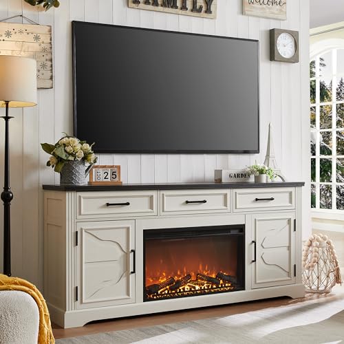 JXQTLINGMU Farmhouse Fireplace TV Stand for Up to 80 Inch TV, Entertainment Center with 30" Electric Fireplace for 65 75 Inch TV, 70" TV Stand with Storage Cabinet Drawer for Living Room (Off White)